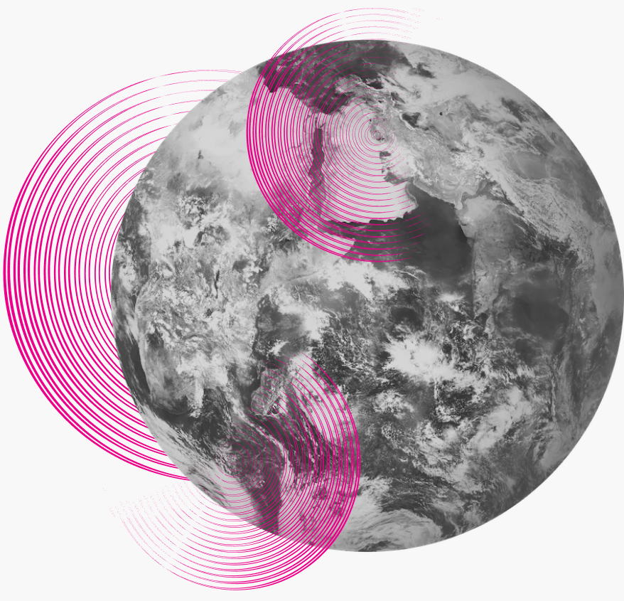 An image of the earth from space with illustrated pink ripples